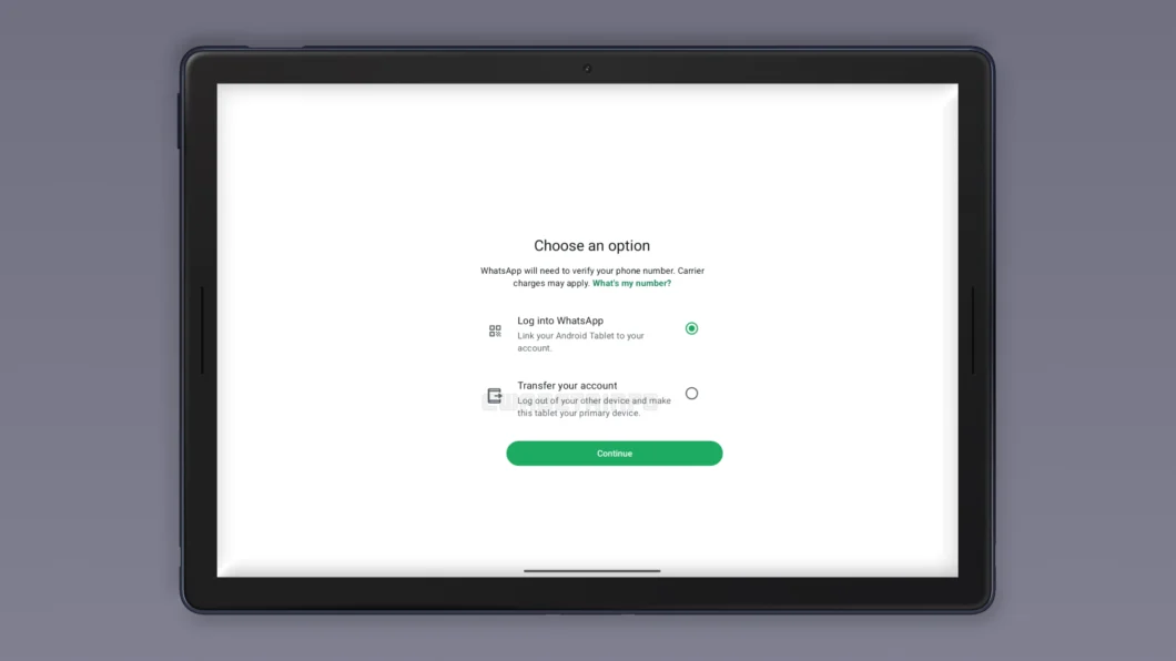 Tela de configuração do WhatsApp no tablet com opção “Continuar” para entrar, vincular ou transferir sua conta como dispositivo principal