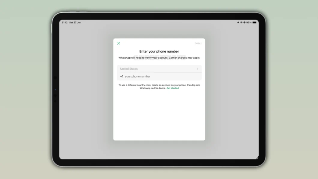 Tela do WhatsApp para iPad para inserir o número de telefone e iniciar a verificação da conta
