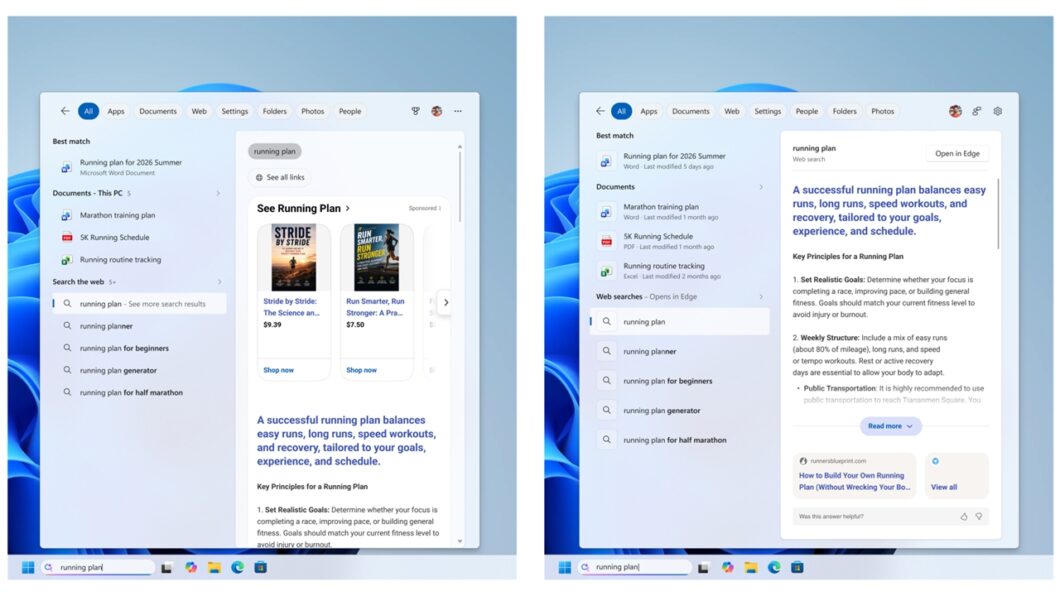 Resultados da web com e seu anúncios na busca do Windows 11