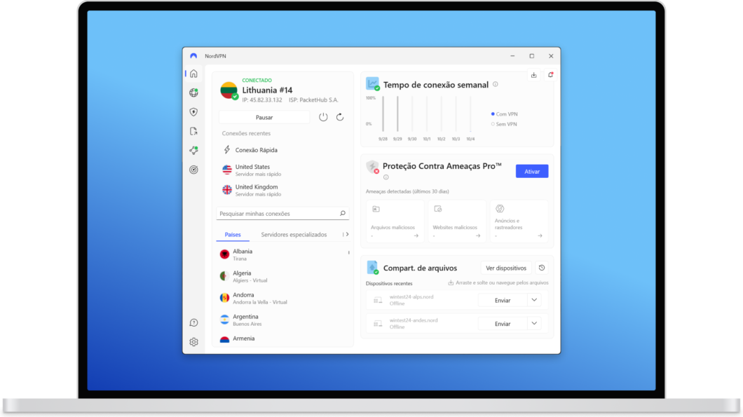 Tela inicial da NordVPN em um notebook Windows mostra conexão ativa, lista de países, tempo de conexão semanal, proteção contra ameaças e compartilhamento de arquivos.
