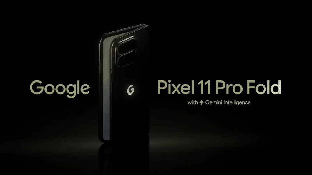 Imagem do Google Pixel 11 Pro Fold semi-aberto em um fundo preto