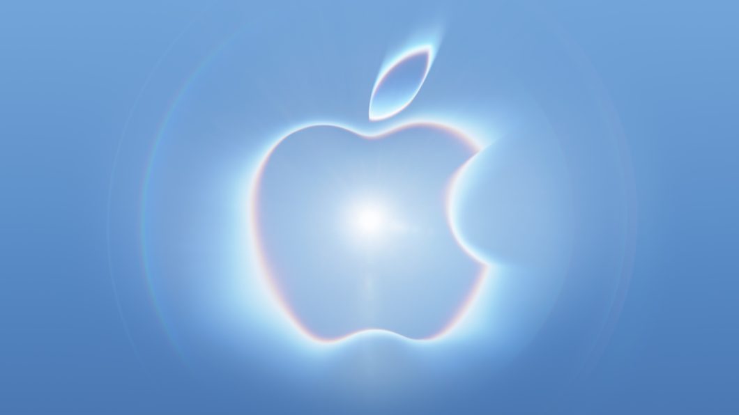 Logo da Apple estilizado em azul translúcido 
