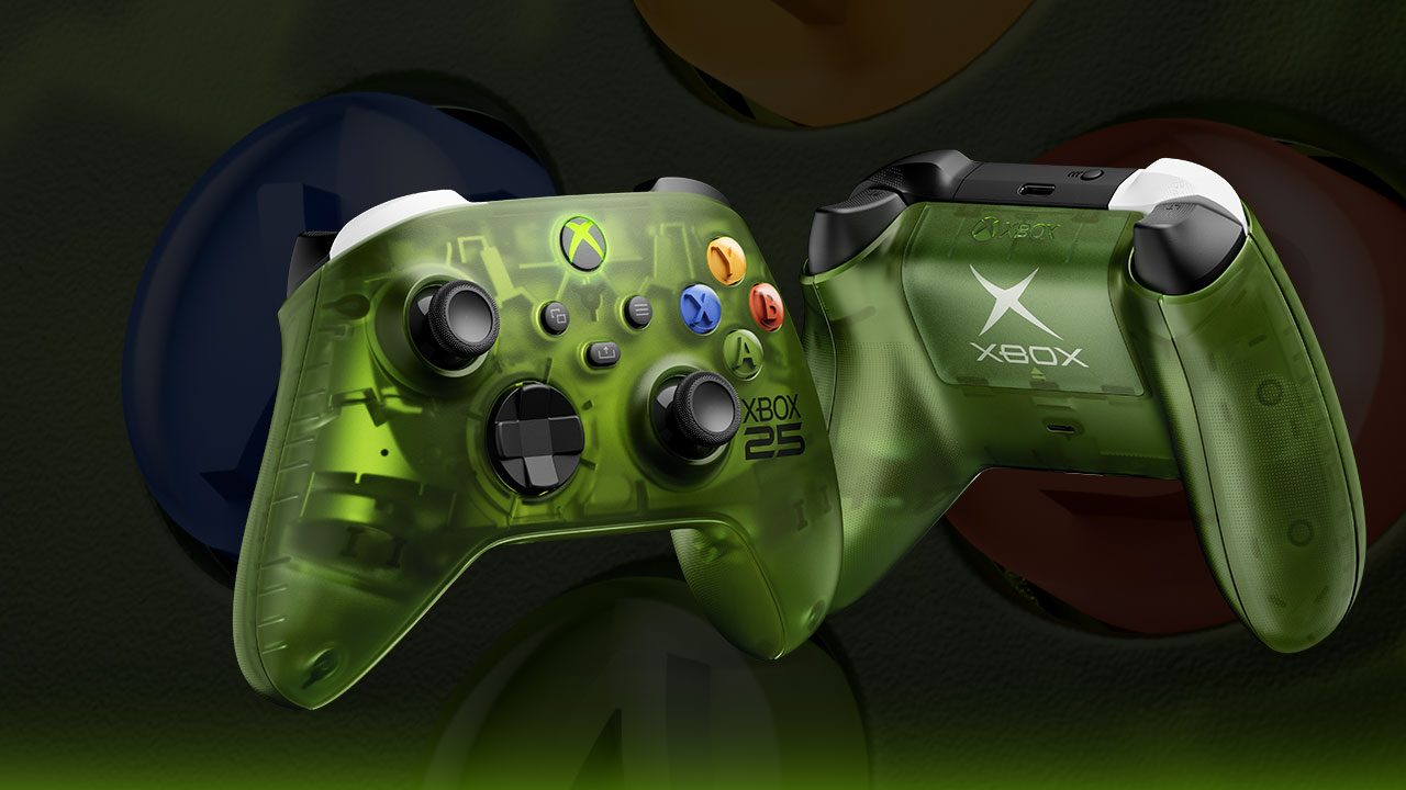 Controle verde translúcido do Xbox, especial de 25 anos