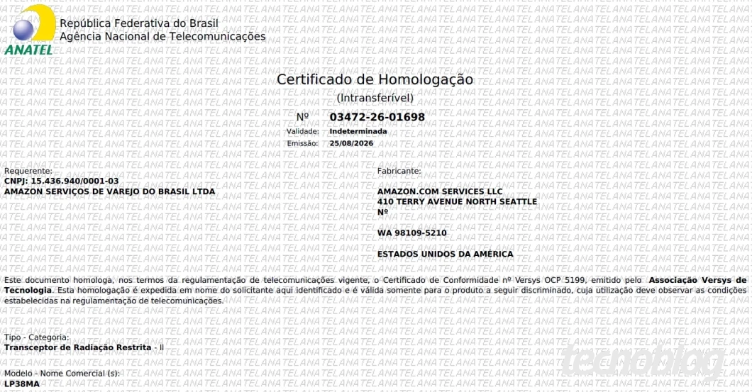Certificado de homologação da Anatel do modelo LP38MA da Amazon