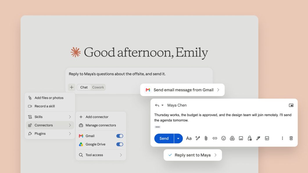 Claude no conector do Google Workspace, enviando resposta por Gmail 