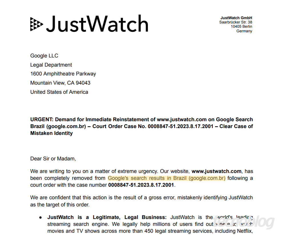 Trecho do recurso apresentado pelo JustWatch ao Google sobre remoção do domínio justwatch.com