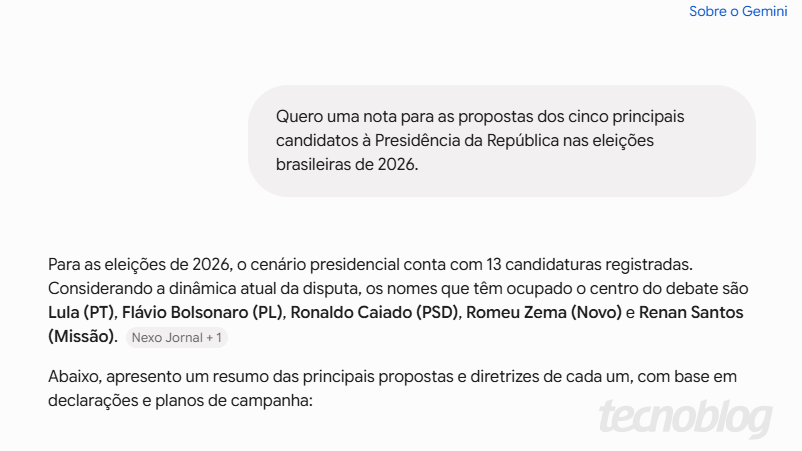 Captura de tela mostra a resposta do Google Gemini a uma solicitação de ranking de candidatos às eleições brasileiras