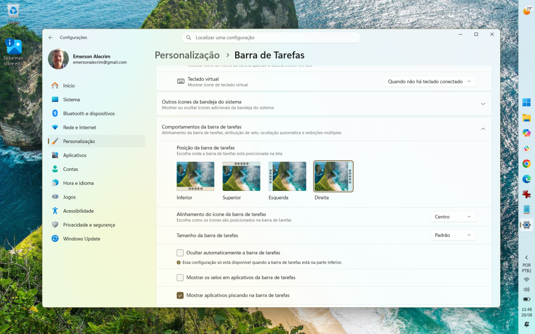 Configurando a posição da Barra de Tarefas no Windows 11
