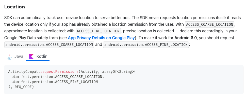 Captura de tela das especificações do SDK da BidMachine