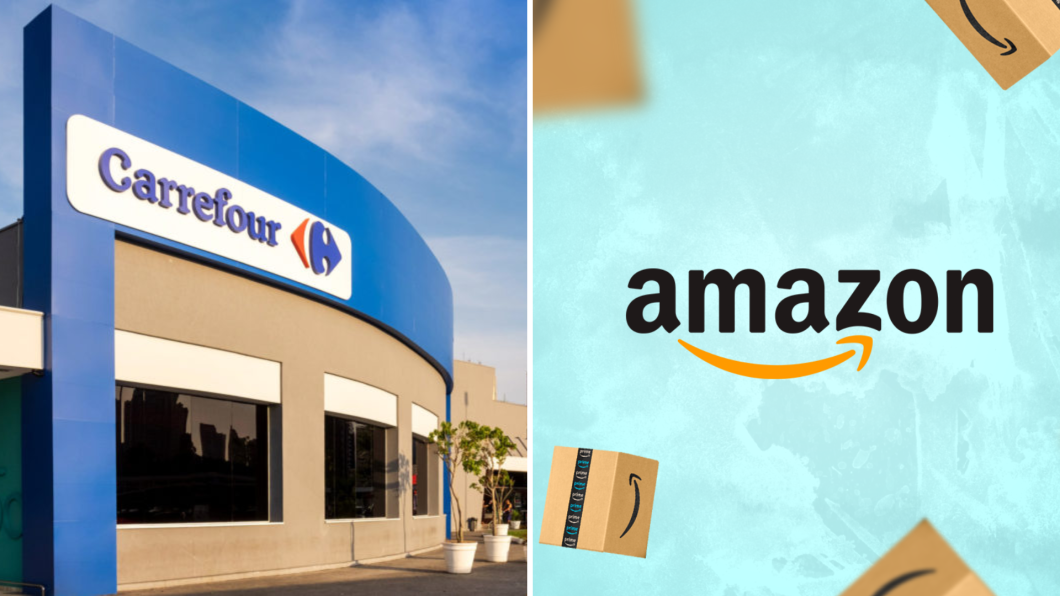 Montagem com a fachada de uma loja do Carrefour à esquerda e um logo da Amazon à direita