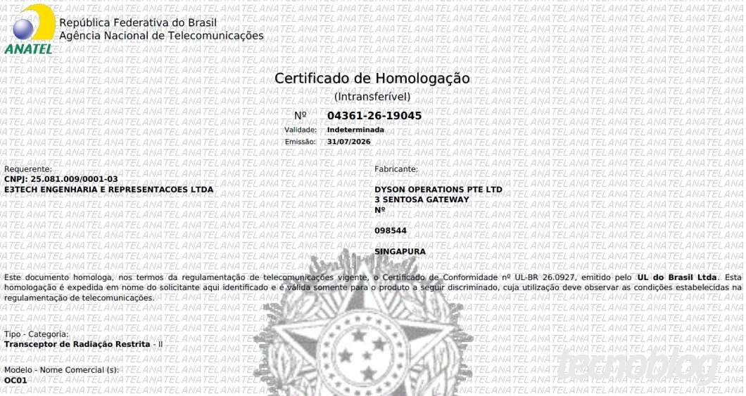 Certificado de homologação da escova de dentes elétrica Dyson CamJet