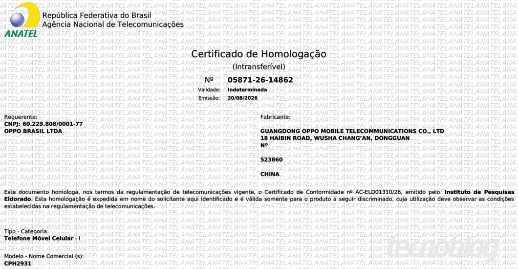 Documento de homologação do Oppo A7 Pro na Anatel