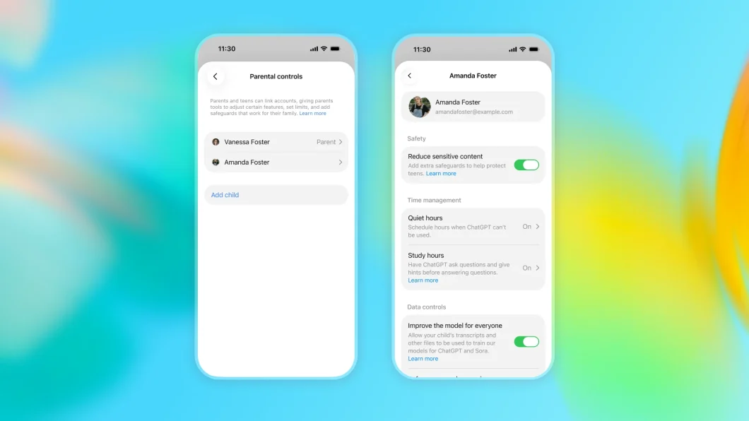 Capturas de tela das configurações de controle parental no chatgpt