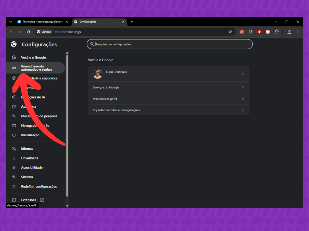 Selecionando a aba “Preenchimento automático e senhas” nas Configurações do Chrome