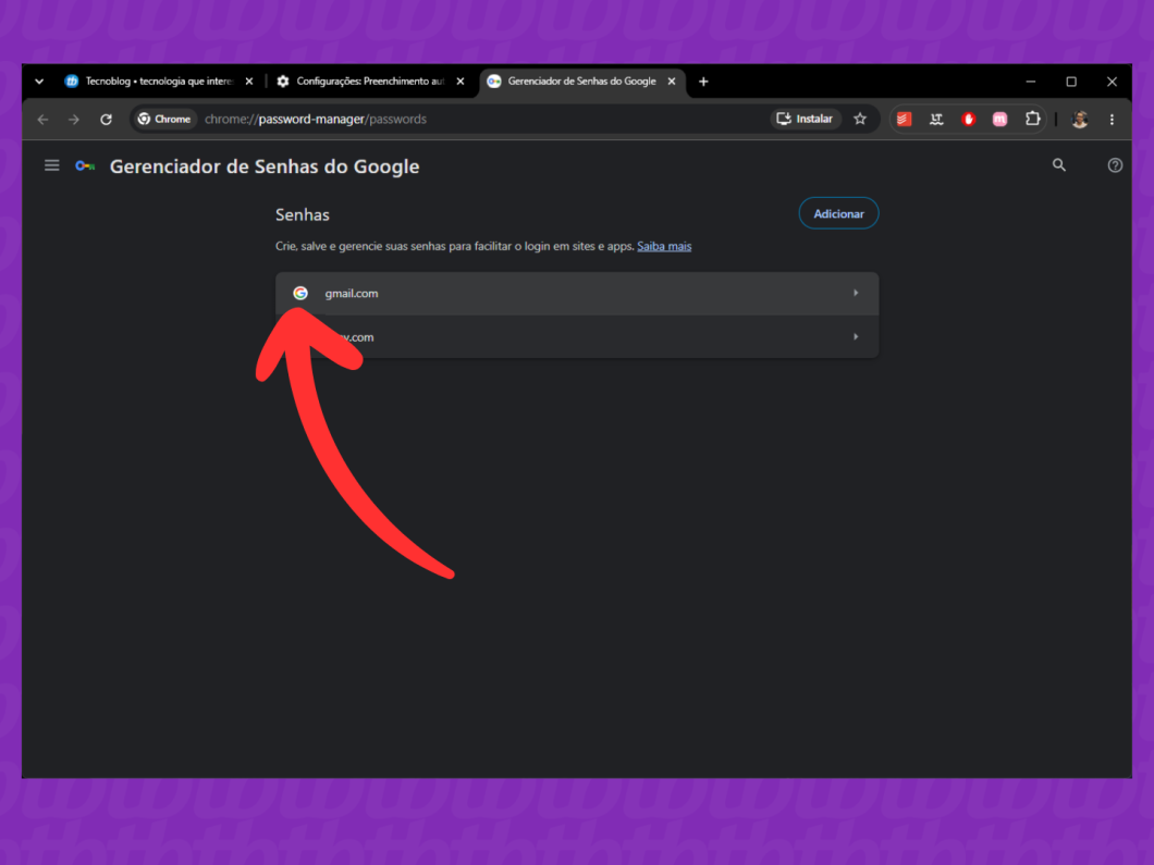 Abrindo a opção do Gmail no Gerenciador de Senhas do Google para visualizar as credenciais