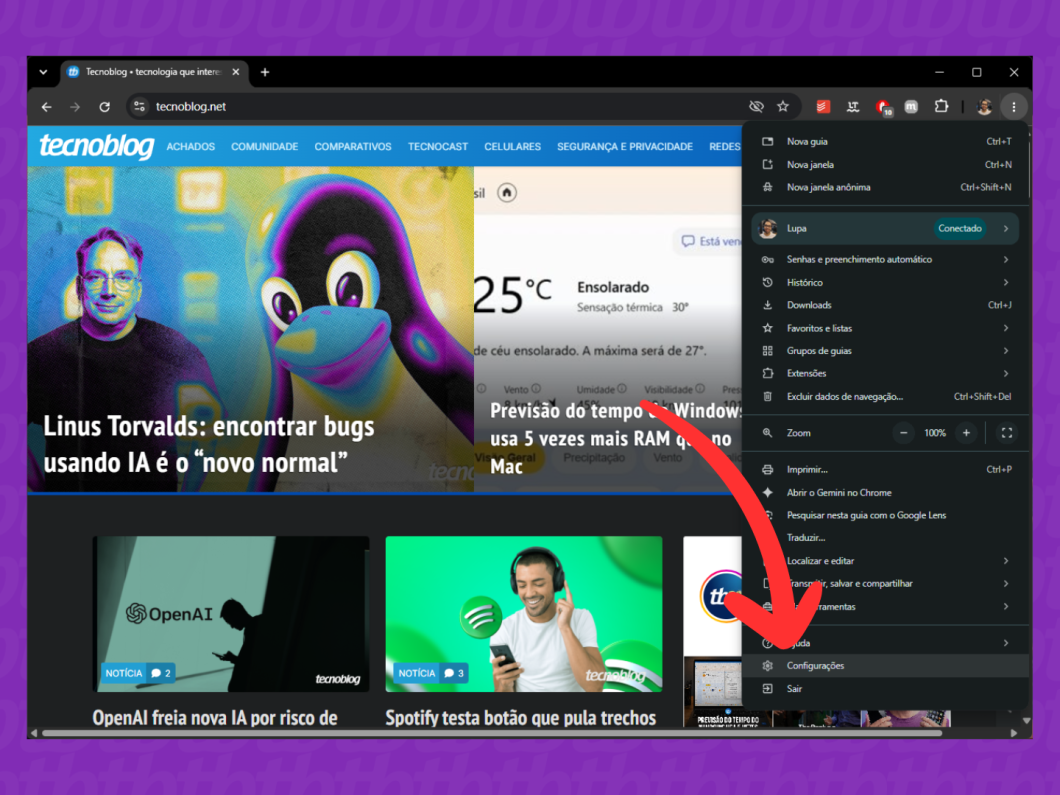 Abrindo as configurações do navegador no Chrome para acessar o menu de senhas