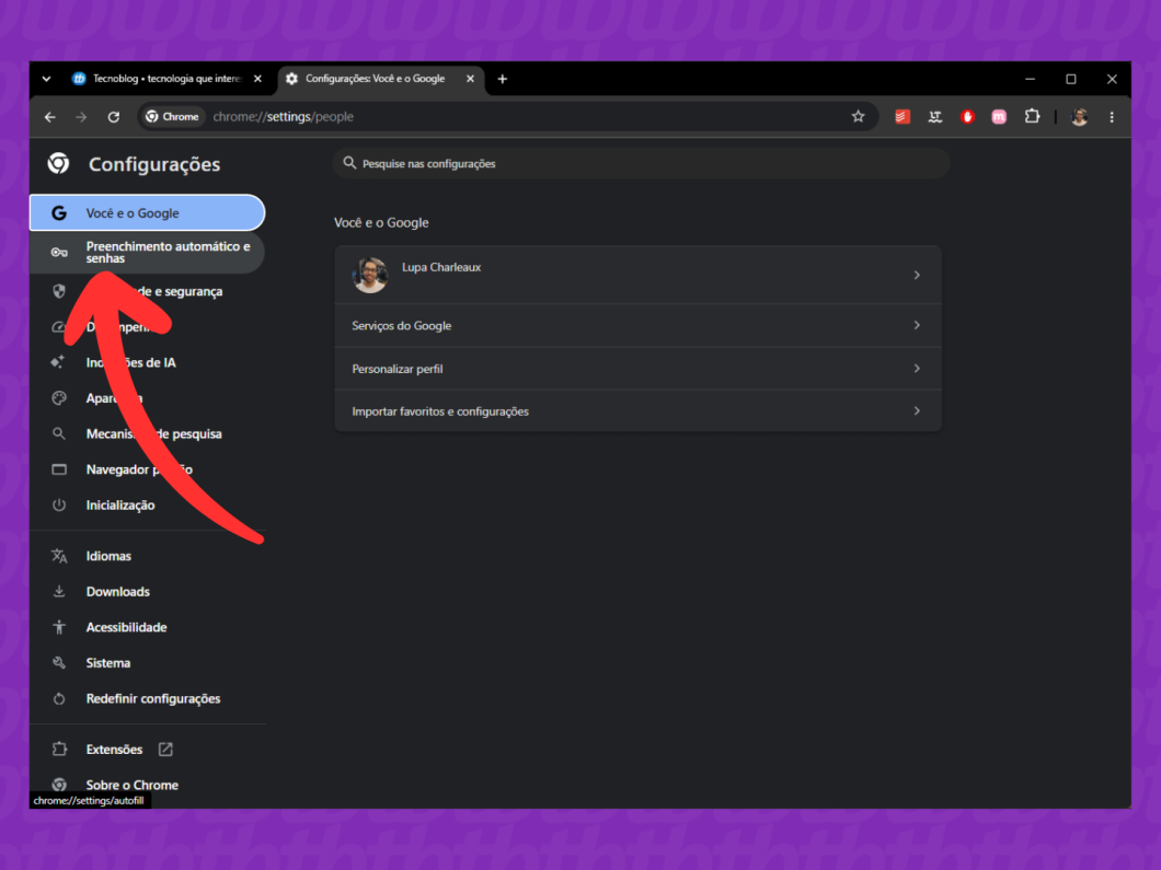 Clicando na aba “Preenchimento automático e senhas” nas Configurações do Google Chrome