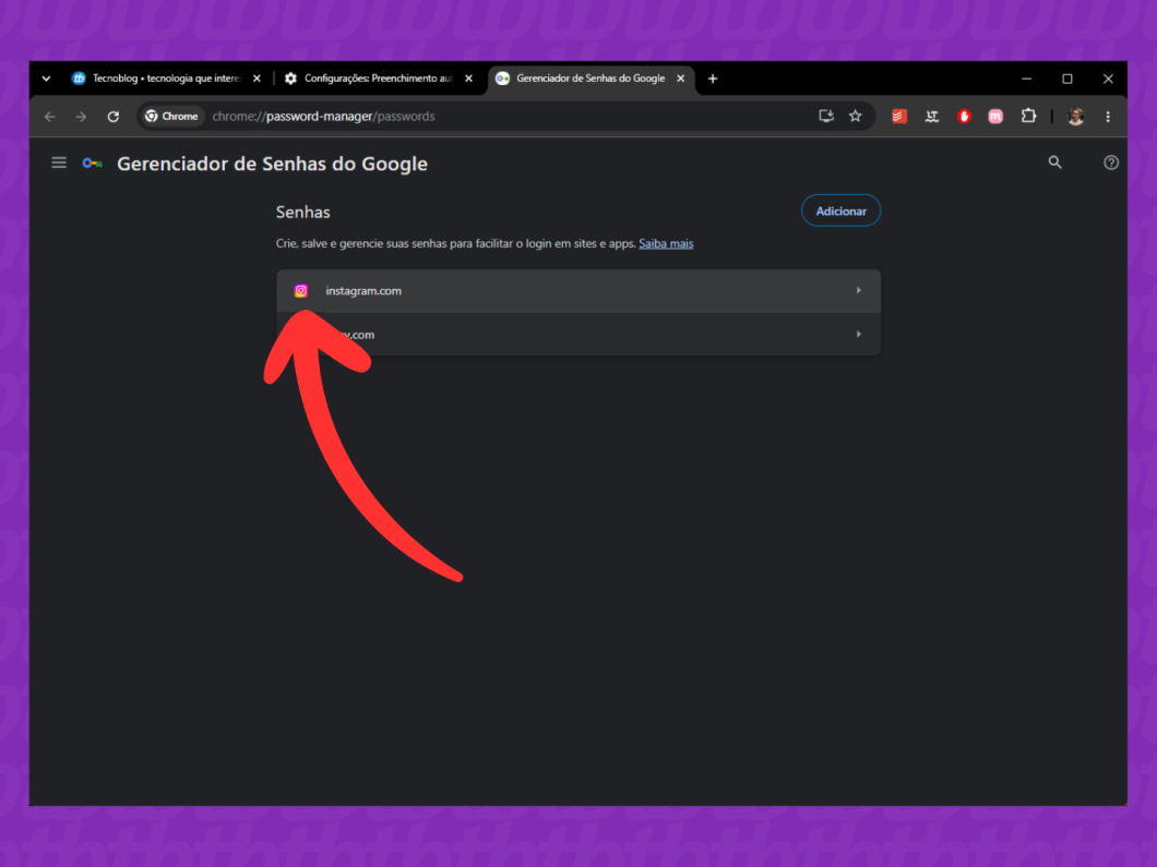 Selecionando o perfil do Instagram no Gerenciador de Senhas do Google