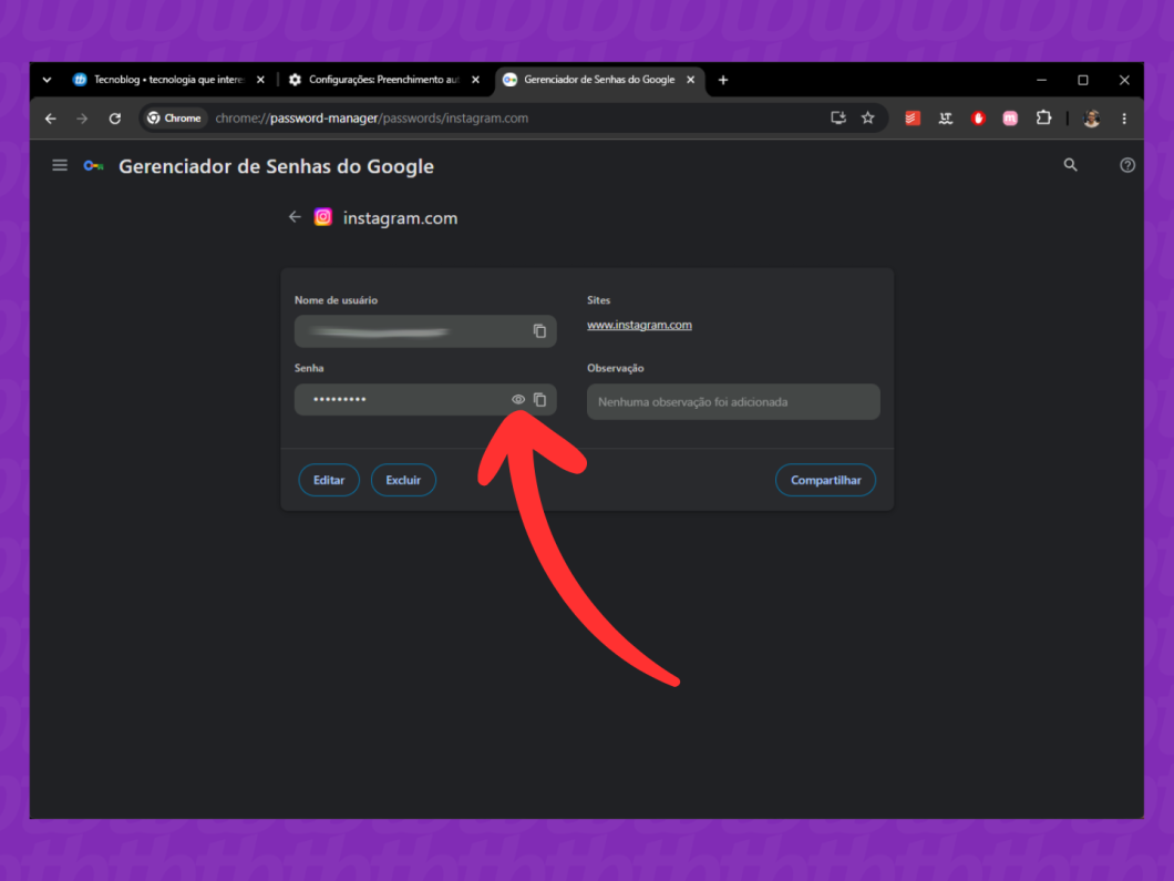 Tela do Gerenciador de Senhas do Google mostrando a senha do Instagram sendo revelada para instagram.com