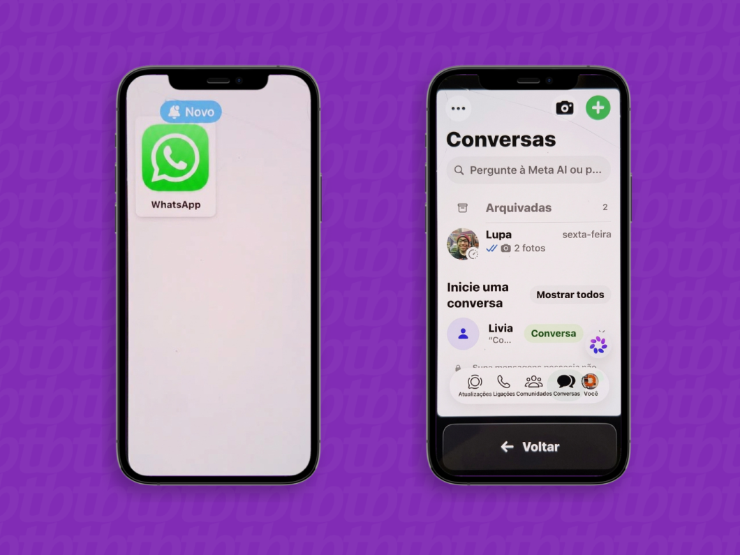 Visual do iPhone ao ativar o Acesso Assistido, com o WhatsApp em interface simplificada e botão Voltar fixo