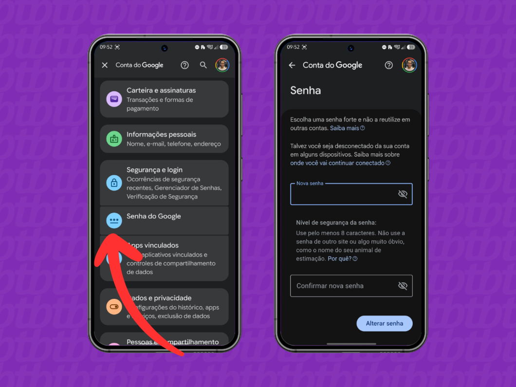 Menu “Senha do Google” no app Google, para redefinir o código de acesso à Conta Google