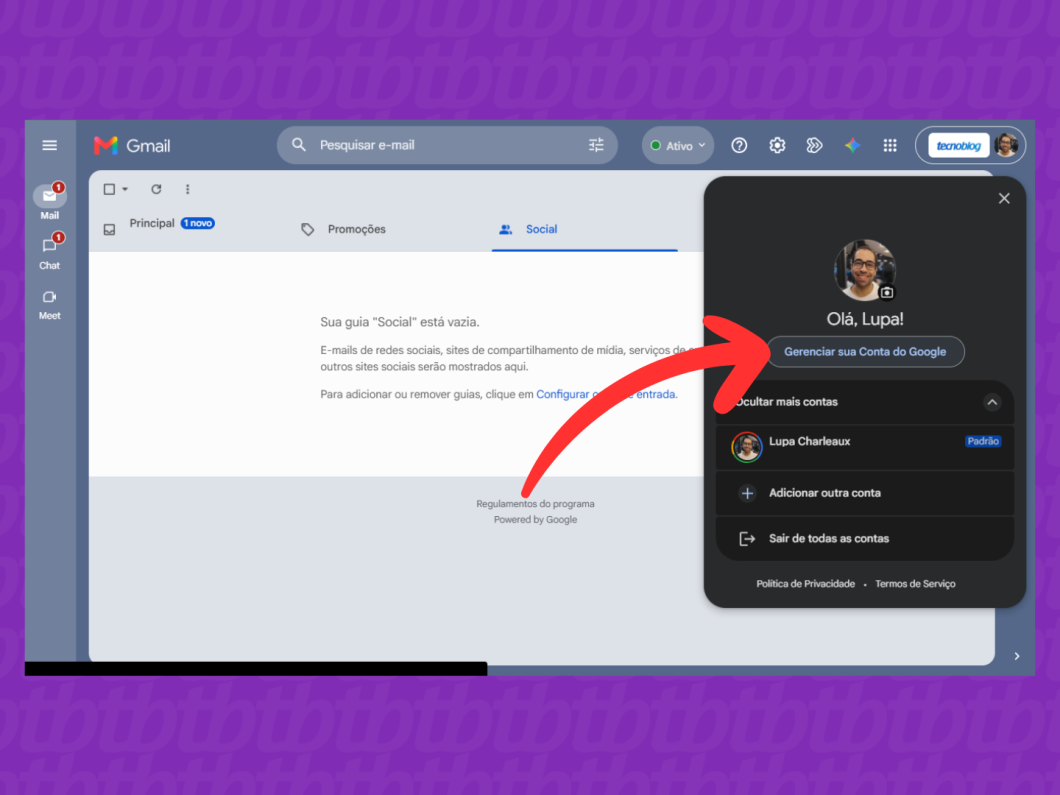 Acessar “Gerenciar sua Conta do Google” no site do Gmail para iniciar a troca de senha