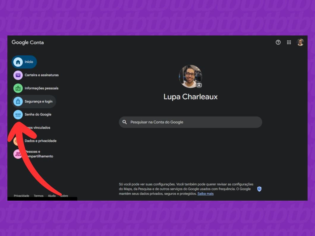 Abrindo o menu “Senha do Google” na Conta Google para trocar a palavra-passe do Gmail