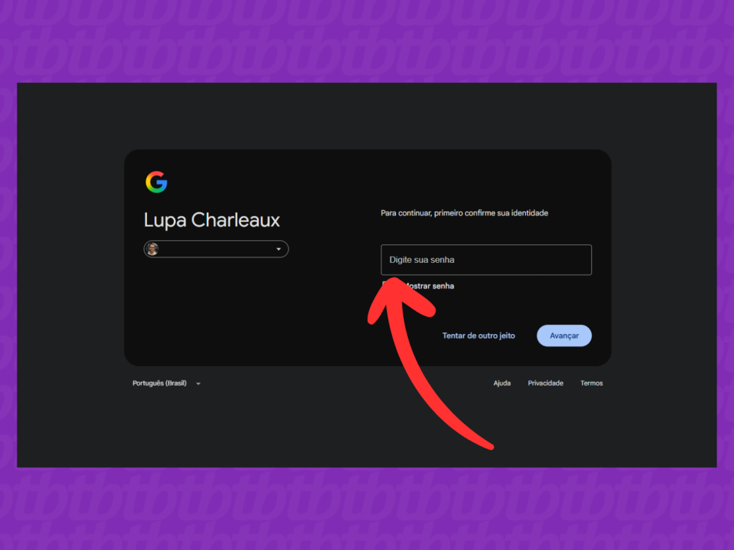 Digite a senha atual para confirmar a identidade ao alterar a senha do Gmail e continuar no Google Account
