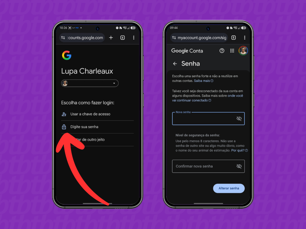 Demonstração de como alterar a senha do Gmail na página “Senha” da Conta Google, com campos “Nova senha” e “Alterar senha”