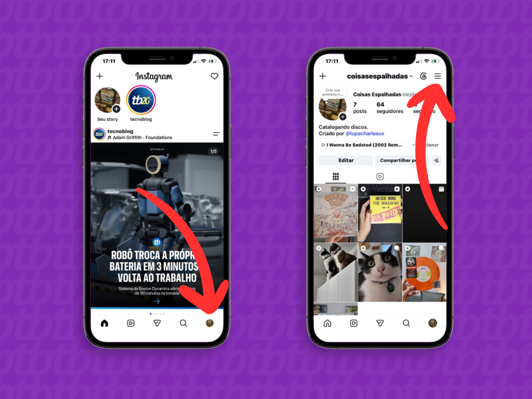 A tela inicial do Instagram com a seta apontando para tocar na foto de perfil no canto inferior direito para abrir o menu principal