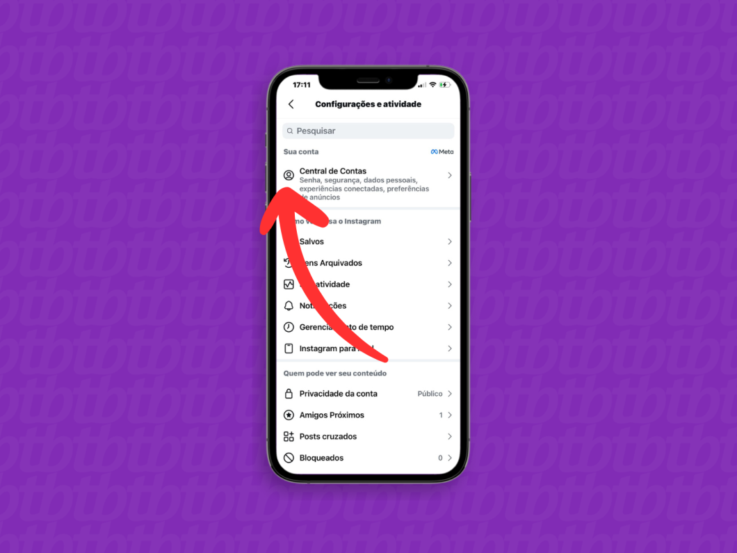 Abrindo a Central de Contas da Meta no app do Instagram (menu “Configurações e atividade” no celular)