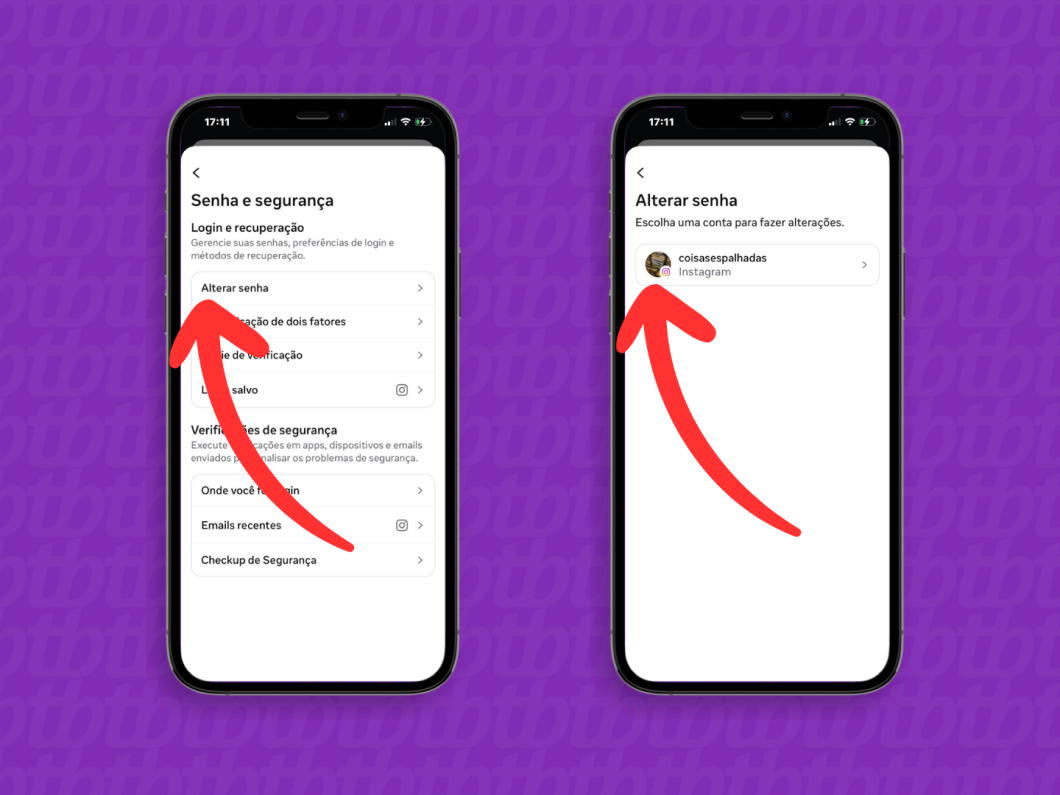 Selecionando “Alterar senha” e escolhendo a conta “coisasespalhadas” para alterar a senha no Instagram