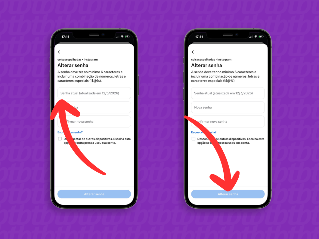Tela do Instagram na opção “Alterar senha”, com campo de senha antiga e inserção da nova senha (inclui “Esqueceu a senha?”)