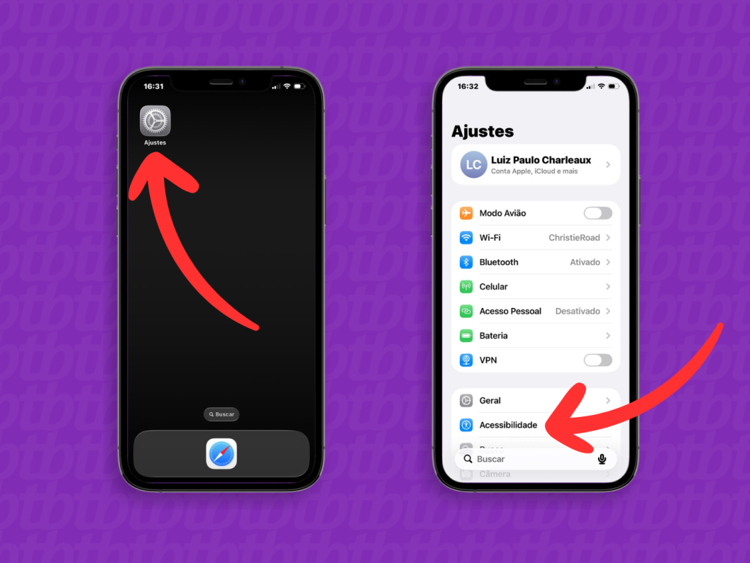 Abrindo o menu Ajustes para acessar Acessibilidade no iPhone (imagem: Lupa Charleaux/Tecnoblog)