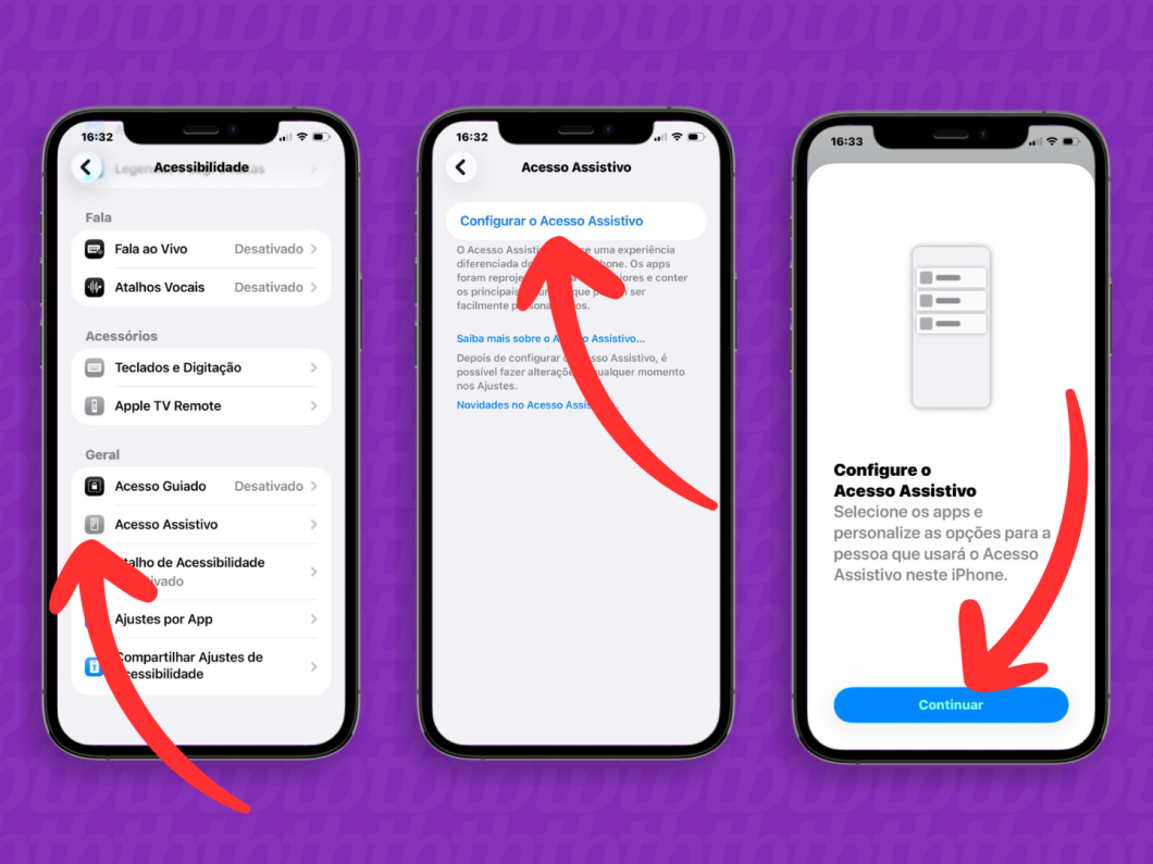 Toque em “Configurar o Acesso Assistivo” no iPhone para iniciar a configuração de acessibilidade