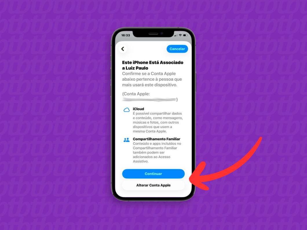 Tela do iPhone mostrando a Conta Apple vinculada, com a mensagem “Este iPhone está associado a Luiz Paulo” e a opção “Alterar Conta Apple”