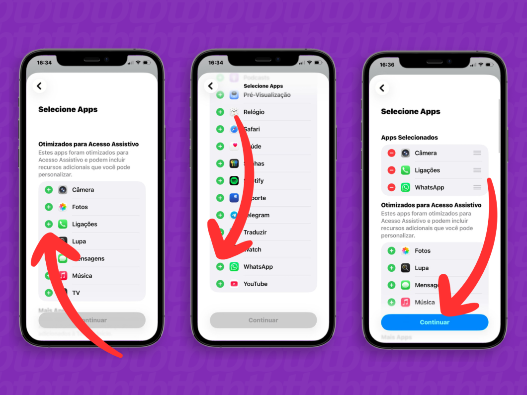Tela de “Selecione Apps” do Acesso Assistido, com WhatsApp e Câmera adicionados e “Continuar” selecionado