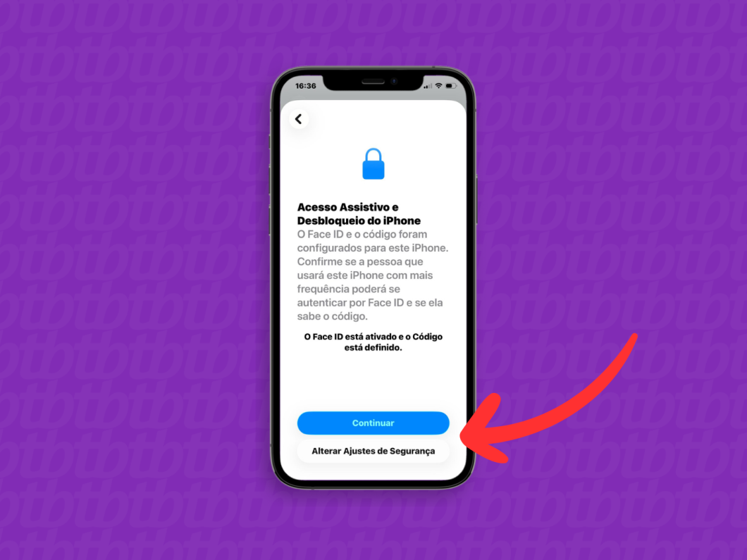 Tela do Acesso Assistivo mostrando verificação de Face ID e senha, com a opção “Alterar Ajustes de Segurança”