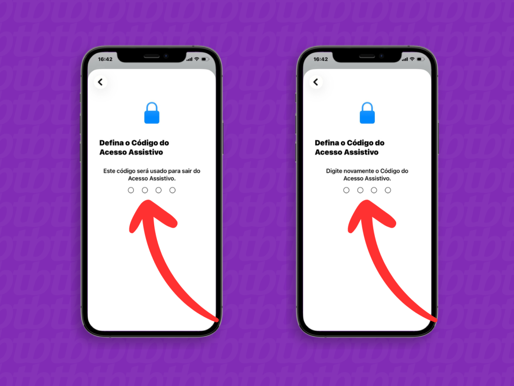 Tela do iPhone “Defina o Código do Acesso Assistivo”, com instrução para criar o código para sair do modo