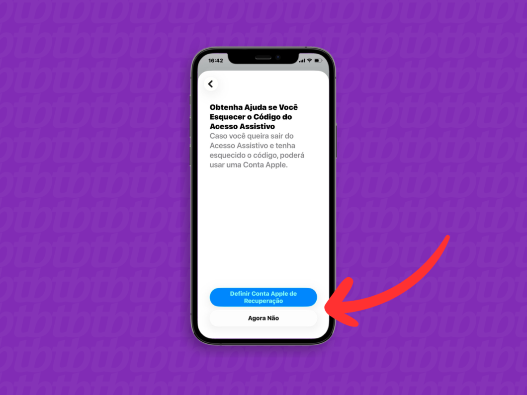 Tela do iPhone no Acesso Assistivo mostrando “Definir Conta Apple de Recuperação”