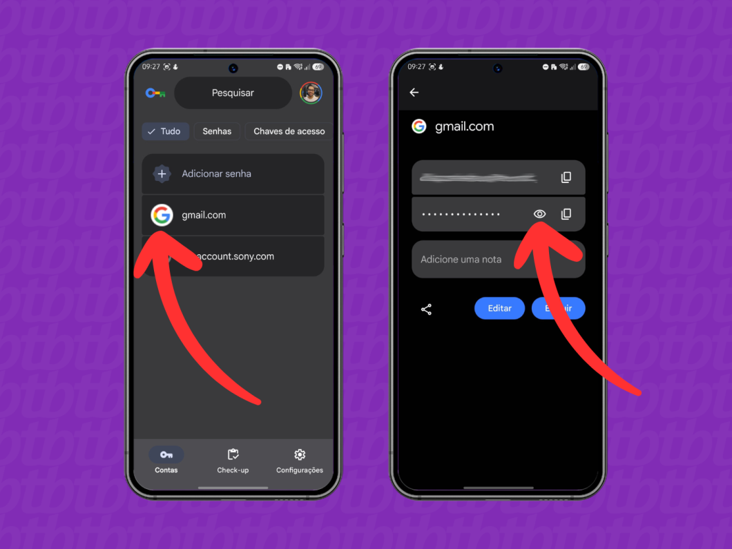 Visualizando as credenciais do Gmail no Gerenciador de Senhas do Google no Android, com opção para ver a senha