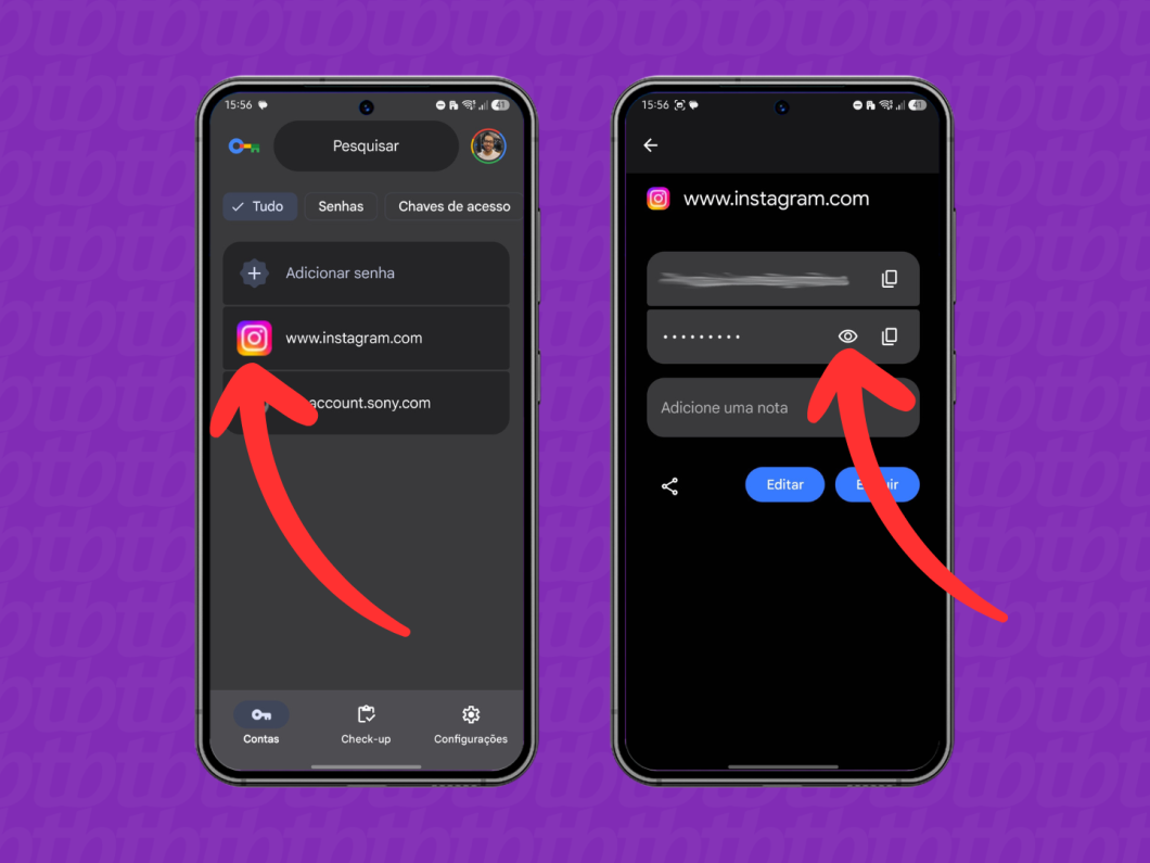 Encontrando as credenciais do Instagram no app Senhas da Apple, selecionando o perfil e exibindo a senha