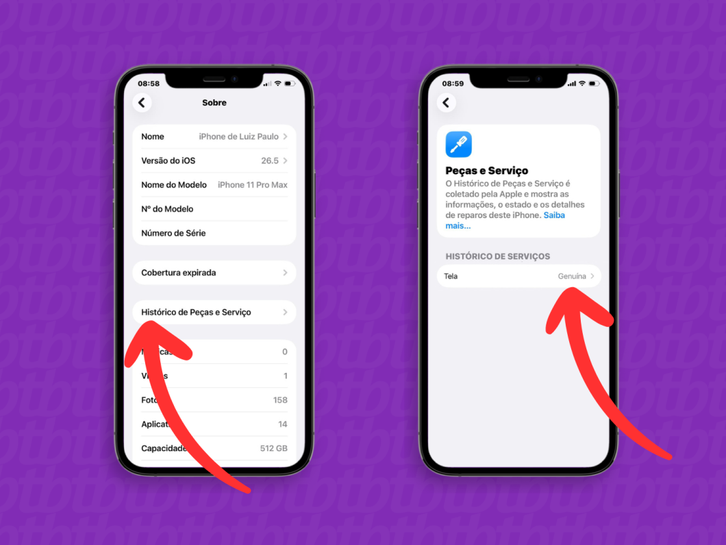 Tela do iPhone no menu “Histórico de Peças e Serviço”, mostrando como verificar se a tela é genuína