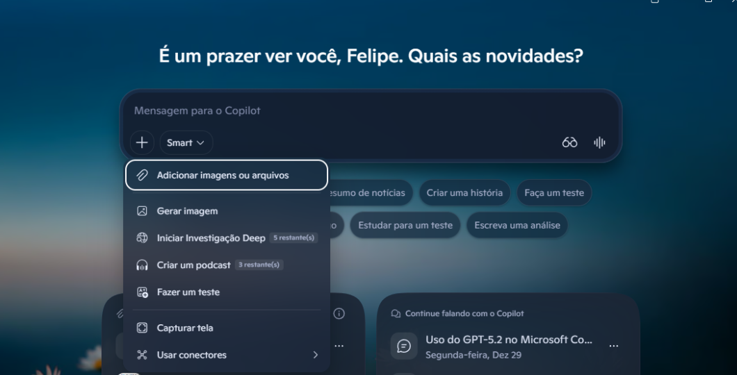 Captura de tela da aba de ferramentas do Copilot