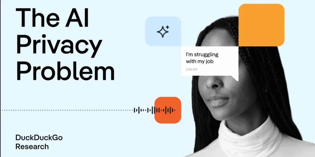Ilustração de pesquisa com os escritos “The AI Privacy Problem”, com a imagem de uma mulher e a mensagem “I’m struggling with my job”.