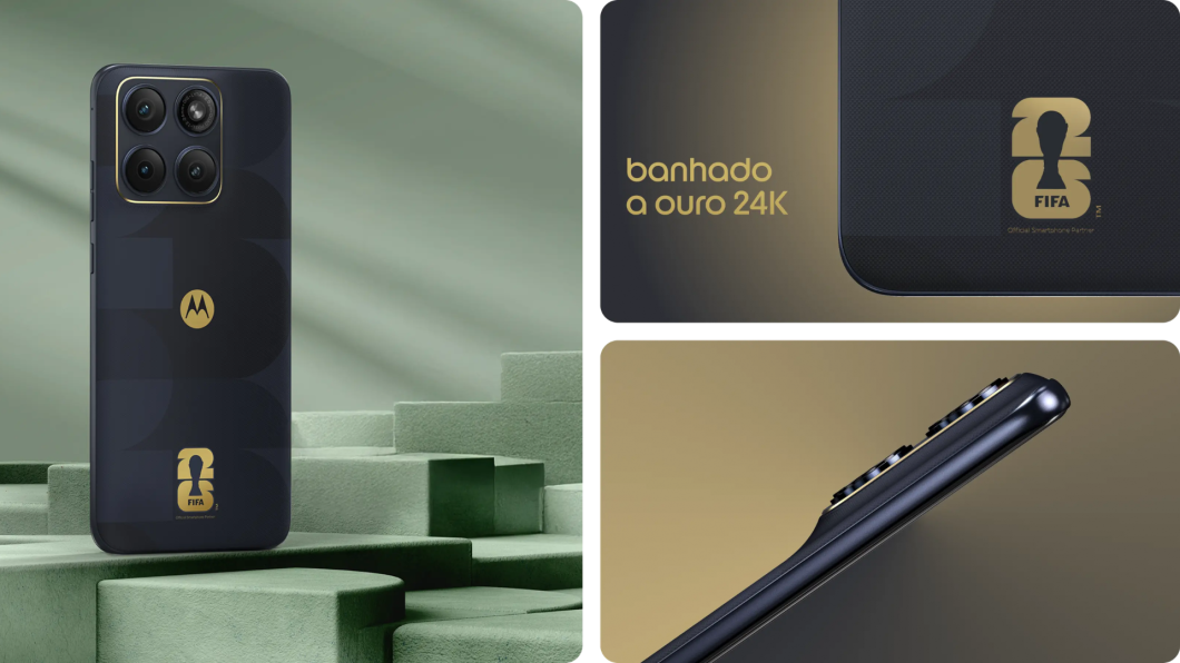 Imagem mostra detalhes banhado a ouro do Motorola Edge 70 Fusion - Edição FIFA 