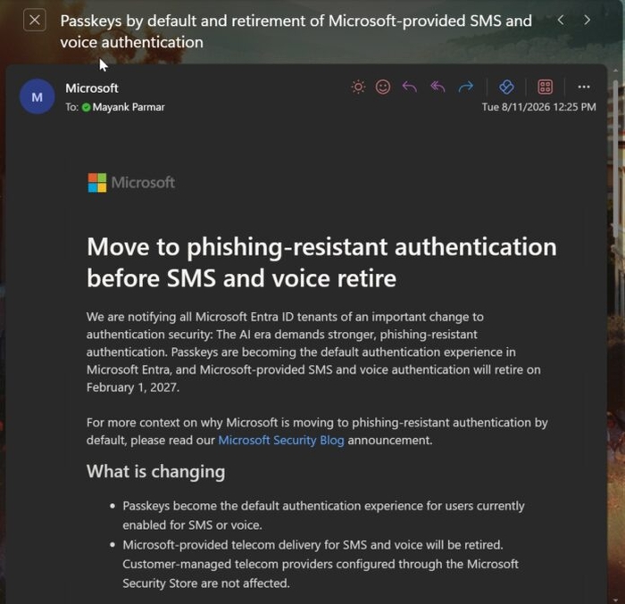 Em e-mail a administradores, Microsoft recomenda passkey no lugar de SMS