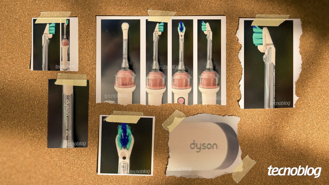 Imagens da escova de dentes elétrica Dyson CamJet mostrando a cabeça, o reservatório de líquido e o sistema de jato e câmera