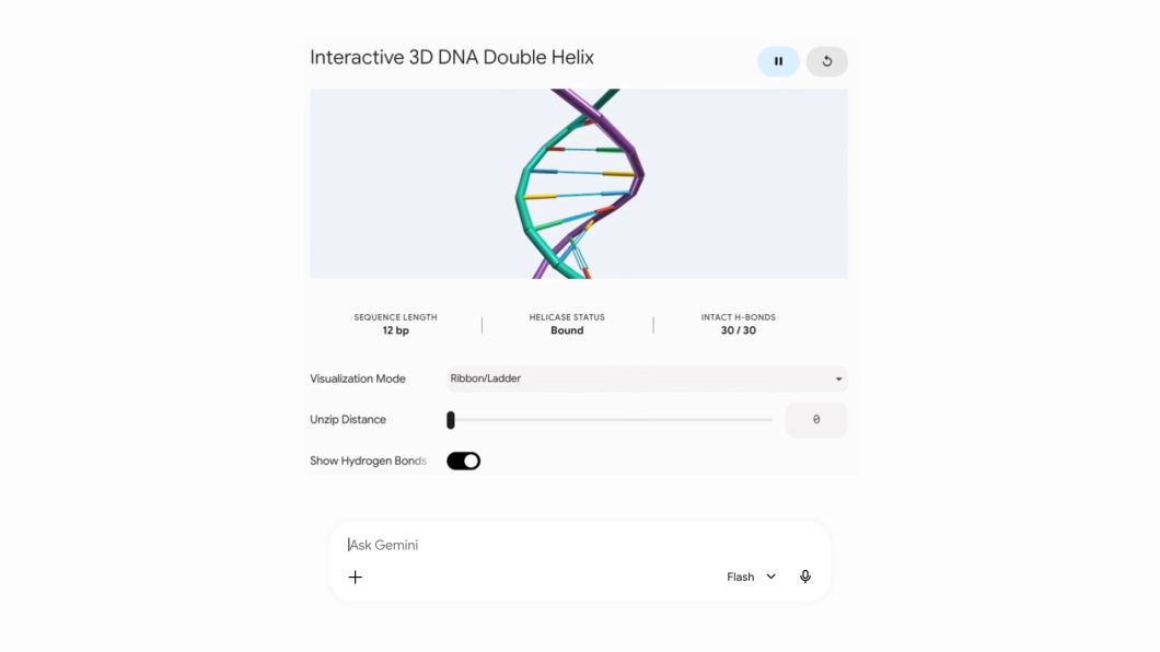 Captura de tela de uma resposta do Gemini apresentando um modelo 3D do DNA