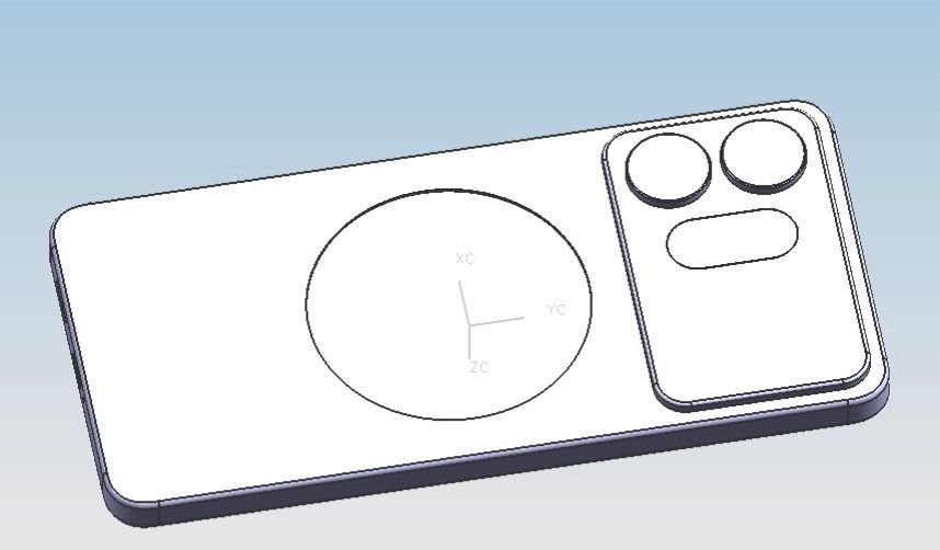 Imagem mostra o esquema da traseira do Galaxy S27 Ultra com ilha horizontal de câmeras e recorte para módulo auxiliar